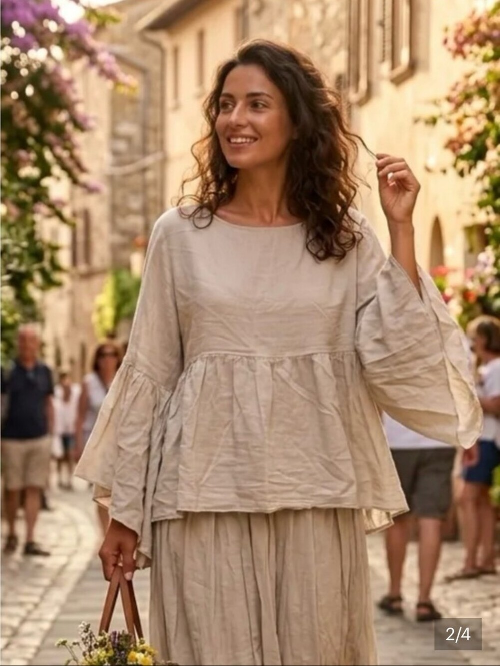 Made In Italy 100% Cotton Ruffked Sleeves Relaxed  Peasant Top - Women